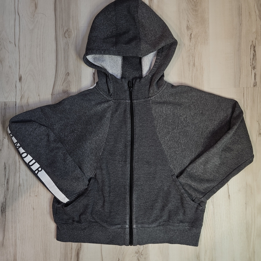 Under Armour Girls Large Gray Ribbed Fleece Full Zip Hoodie Sleeve Spellout